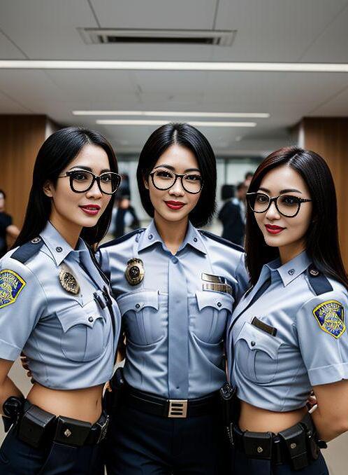 AI Porn Image of Police Officer Asian Police Station 2 Women Glasses